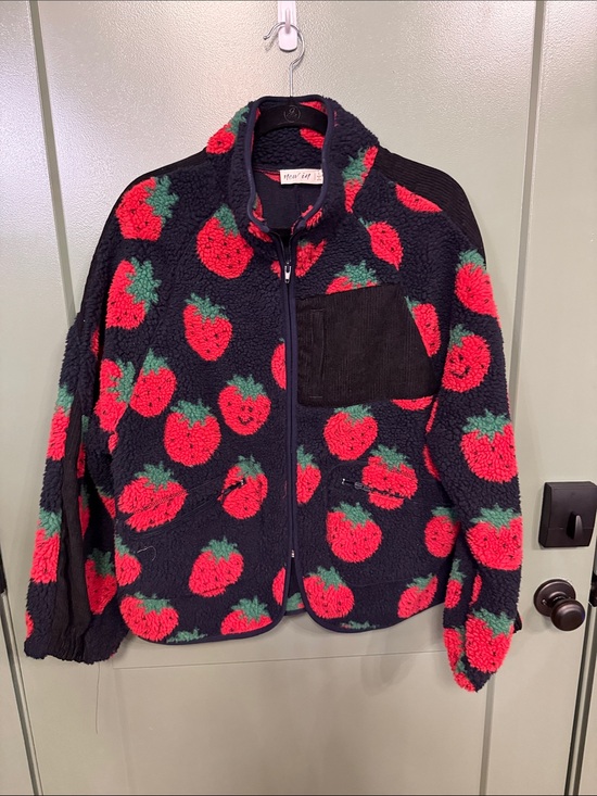 new in Jackets & Blazers - Ladie’s Strawberry Print Sherpa Jacket - Black & Red